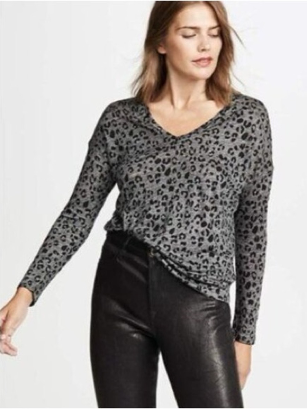 Rails Sami Gray and Black Leopard V-Neck Long Sleeve Top